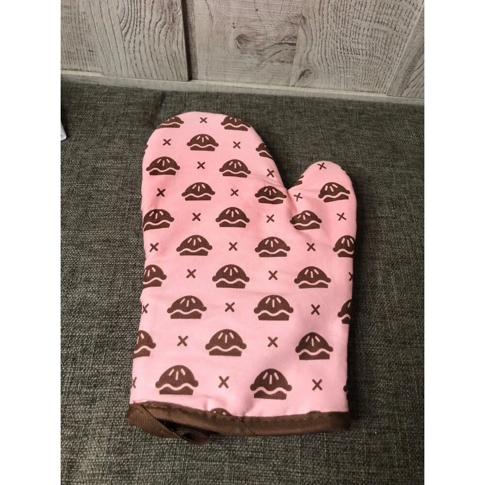 Baker's Dozen 4-Piece Baking Set Brown Apron Pink Oven Mitt Chef Hat Spatula